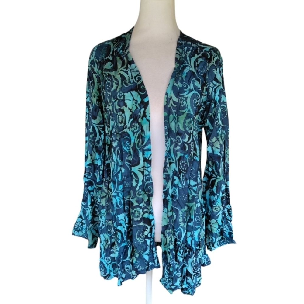 Soft Surroundings Batik Tye Dye Blue Teal Green Print Open Front Jacket Small